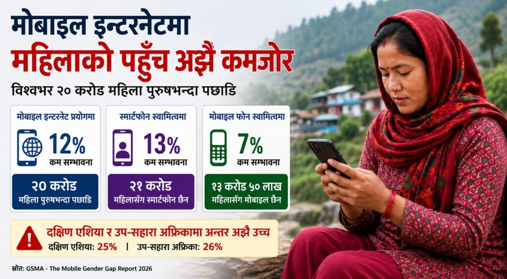 मोबाइल इन्टरनेटमा महिलाको पहुँच अझै कमजोर, विश्वभर २० करोड महिला पुरुषभन्दा पछाडि